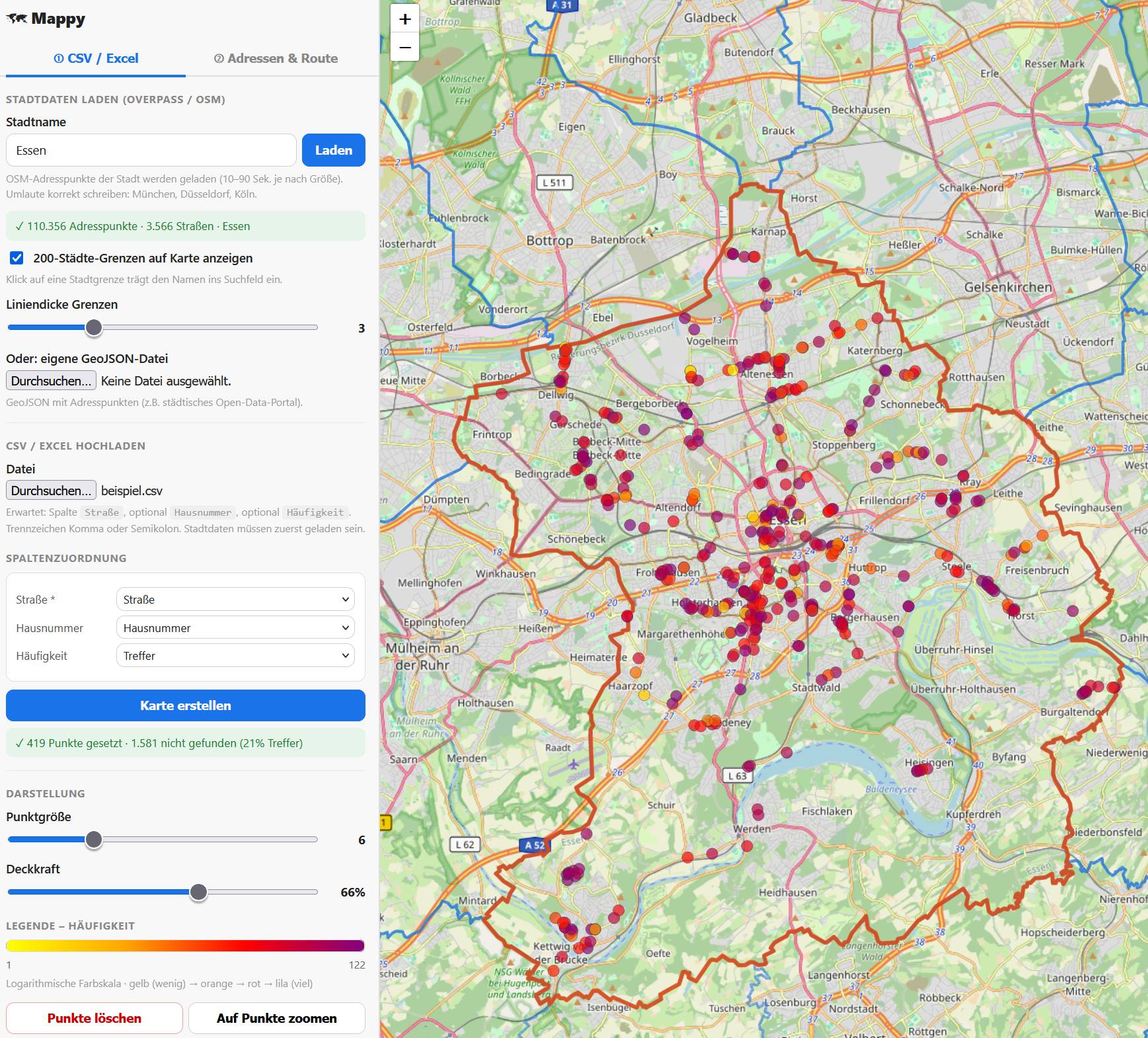 Mappy Tab CSV / Excel – Essen mit geocodierten Adressen als farbige Punkte auf der Karte