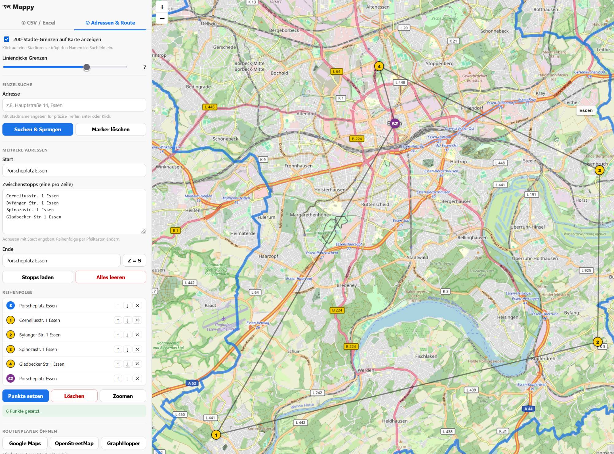 Mappy Tab Adressen & Route – mehrere Adressen als nummerierte Marker auf der Karte mit Stadtgrenze Essen