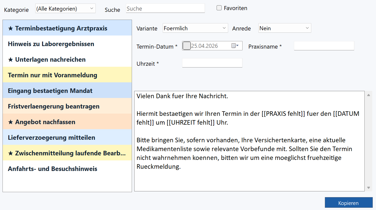 PasteTool Oberfläche — Vorlagenliste links, Eingabefelder und Textvorschau rechts